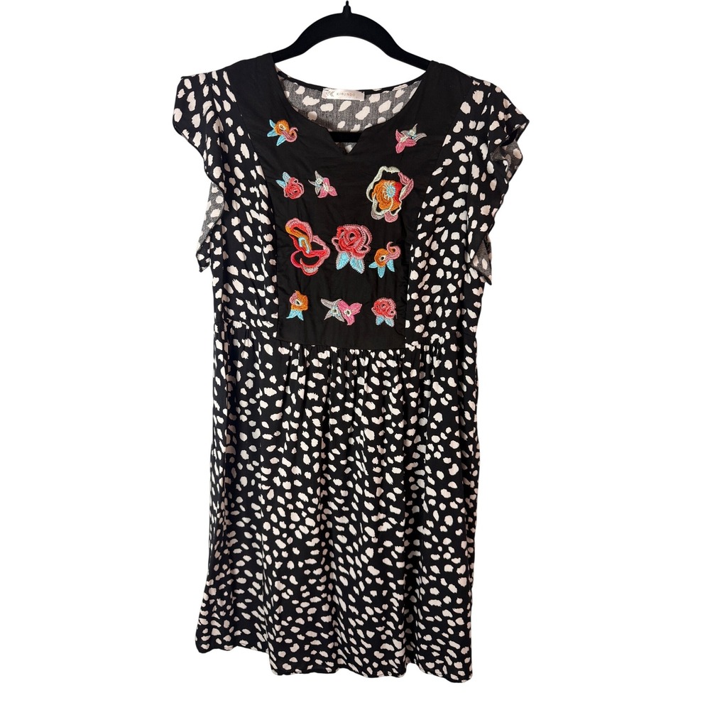 Kirundo Womens Black White Dalmatian Print Embroidered Floral Mini‎ Dress Small